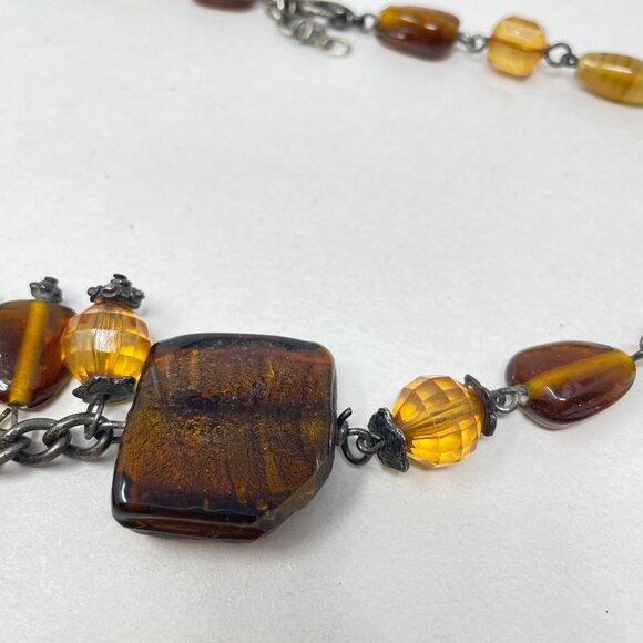 Murano Glass Beaded Necklace Square Pendant Amber Brown Faceted - Picture 11 of 16